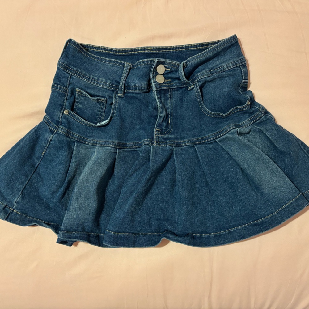 y2k pleated denim blue jean mini skirt